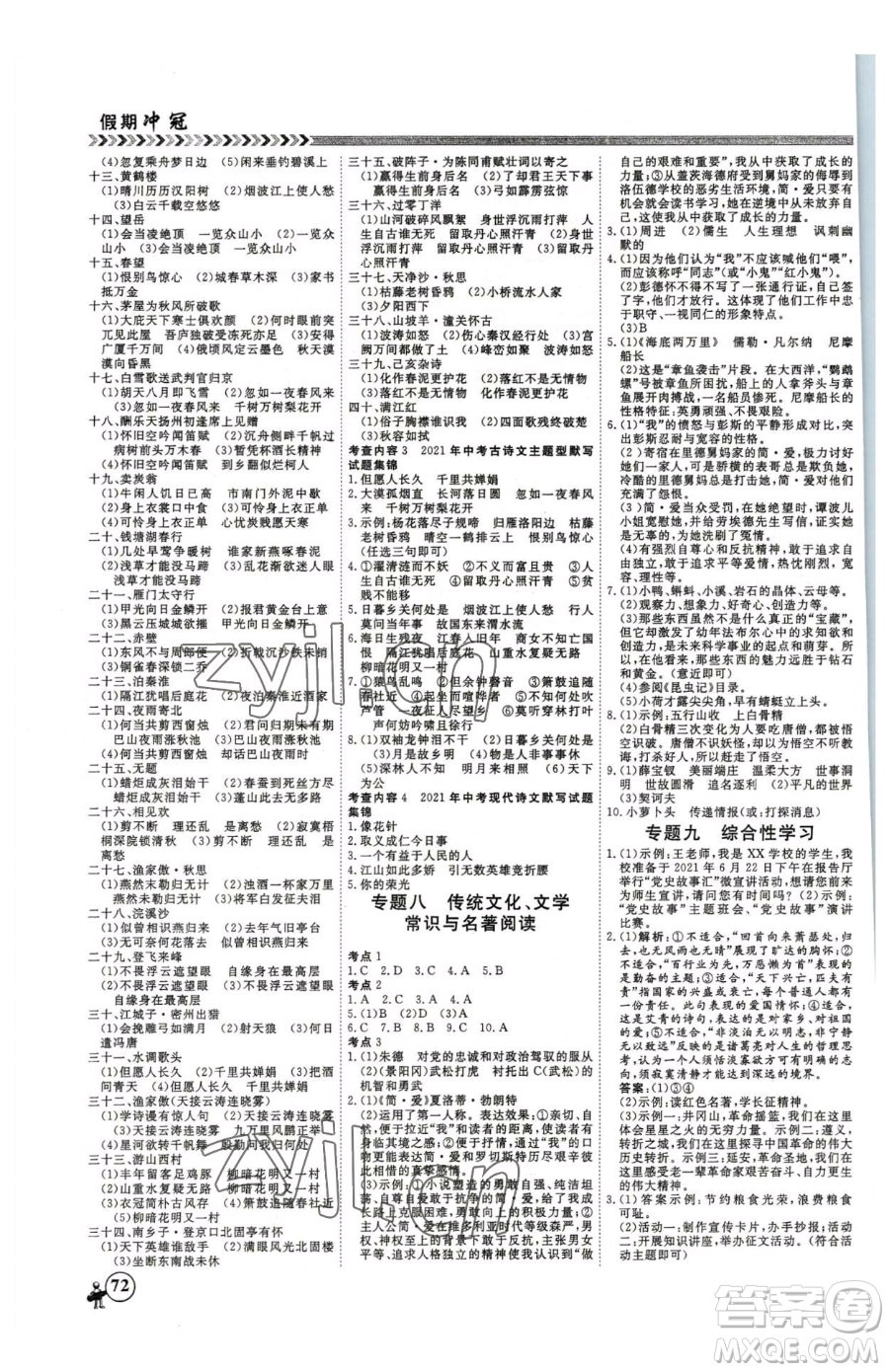 云南大學(xué)出版社2023假期沖冠九年級(jí)語文人教版參考答案