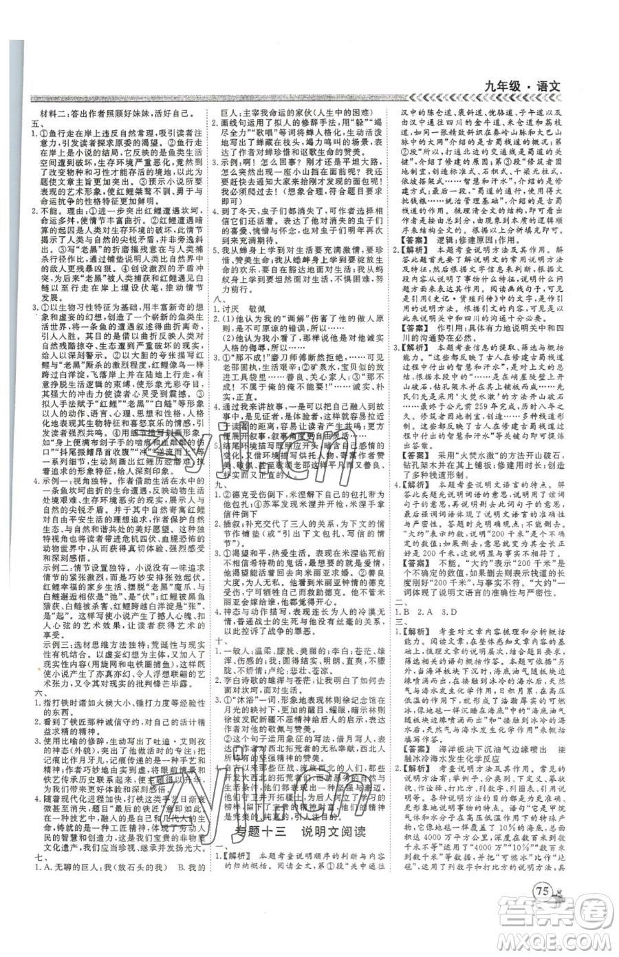 云南大學(xué)出版社2023假期沖冠九年級(jí)語文人教版參考答案