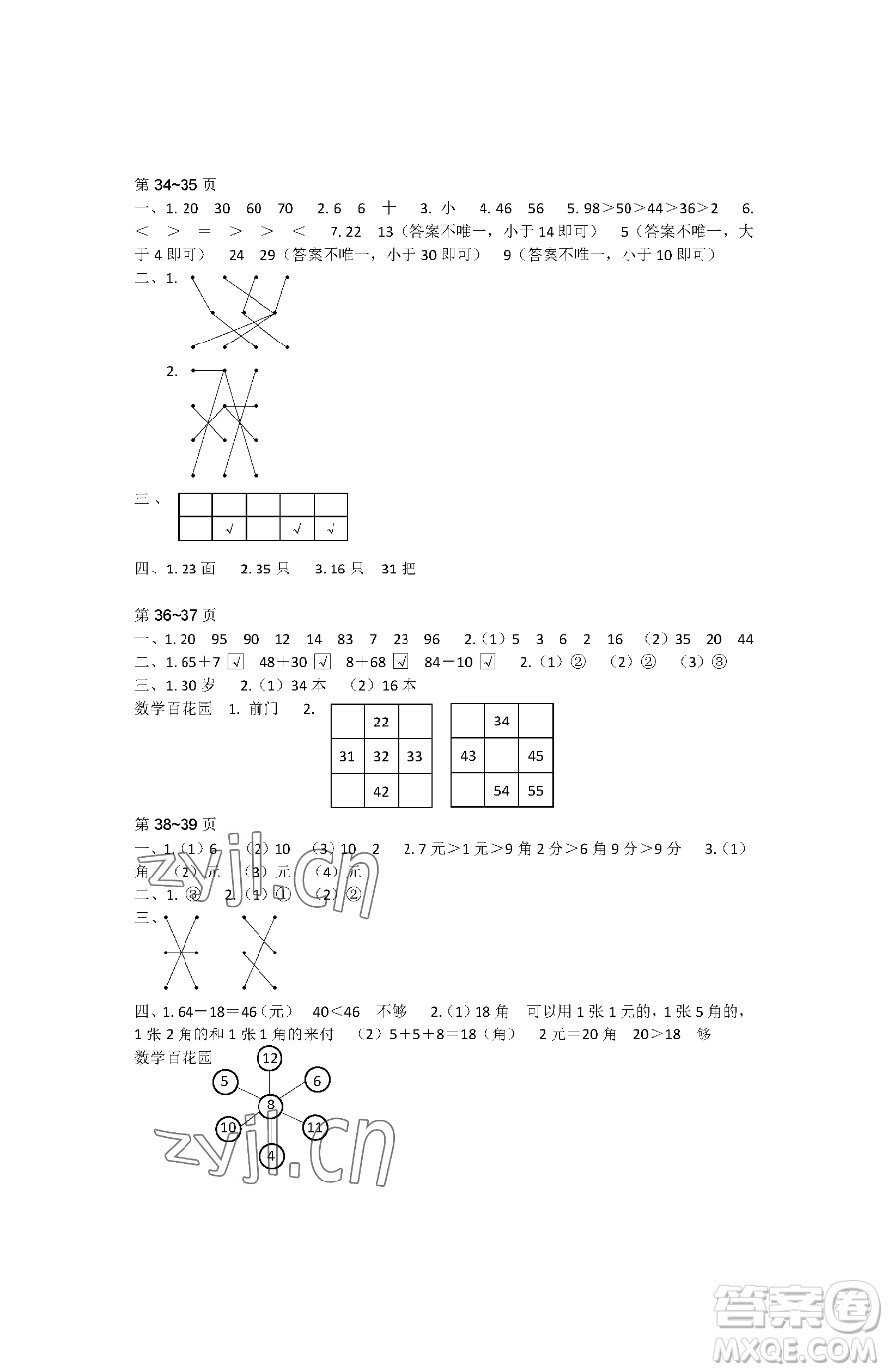 江蘇鳳凰教育出版社2023快樂暑假一年級數學蘇教版參考答案