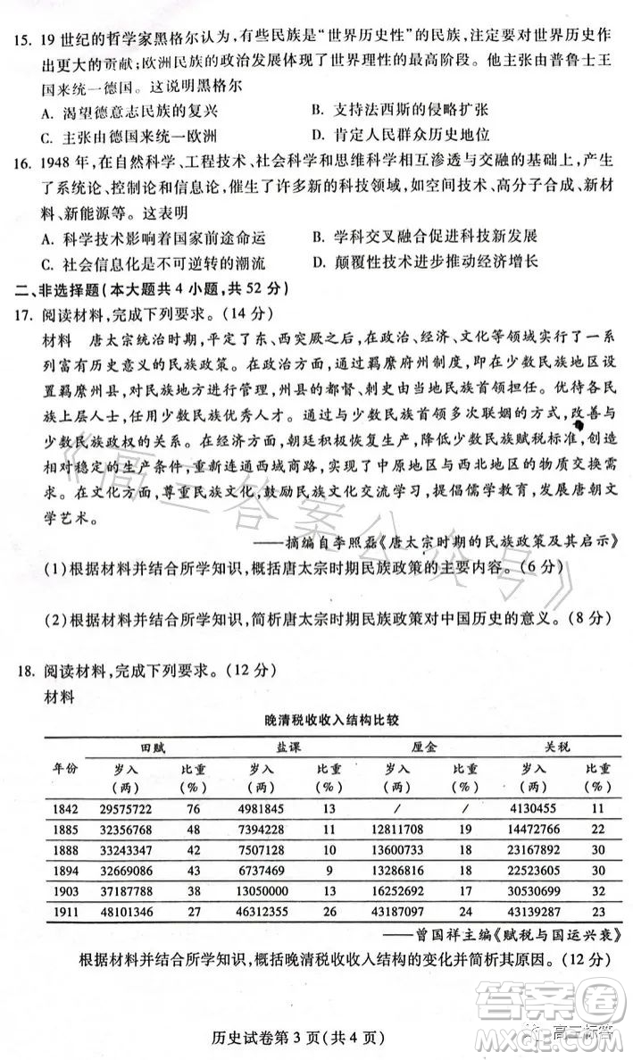 哈爾濱市2021級(jí)高二下學(xué)期學(xué)業(yè)質(zhì)量檢測(cè)歷史試卷答案