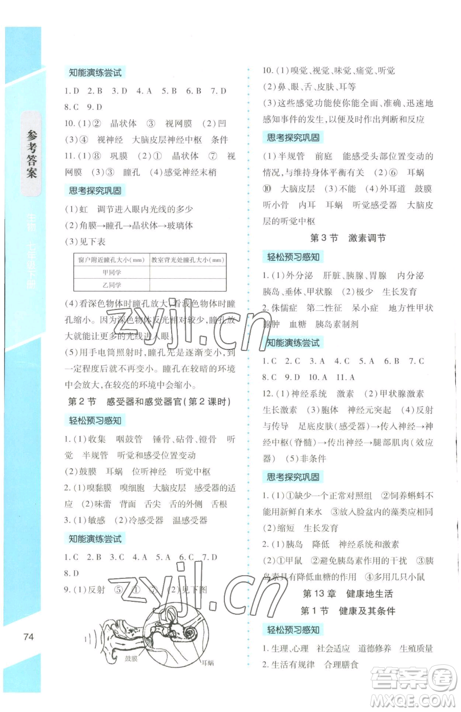 北京師范大學(xué)出版社2023課內(nèi)課外直通車七年級(jí)下冊(cè)生物北師大版福建專版參考答案