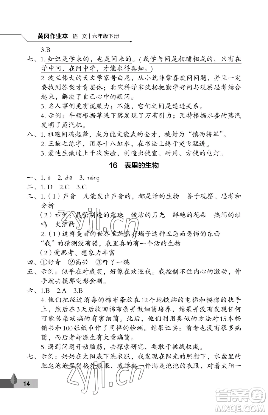 武漢大學出版社2023黃岡作業(yè)本六年級下冊語文人教版答案