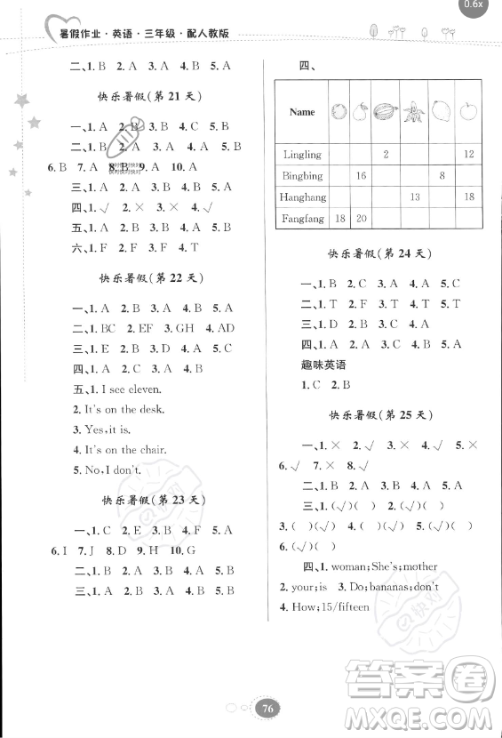 貴州人民出版社2023年暑假作業(yè)三年級(jí)英語人教版答案