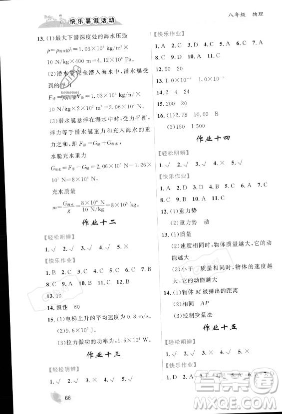 內(nèi)蒙古人民出版社2023年快樂暑假活動(dòng)八年級物理通用版答案