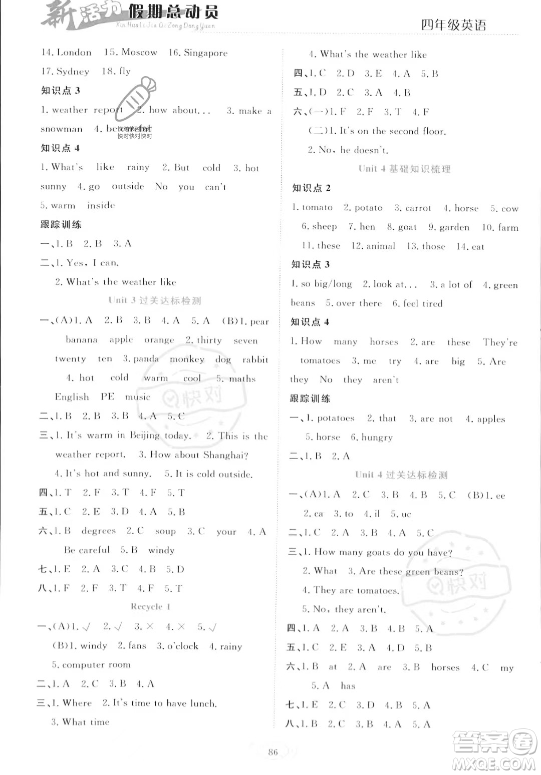 甘肅文化出版社2023年新活力暑假總動(dòng)員四年級(jí)英語(yǔ)通用版答案