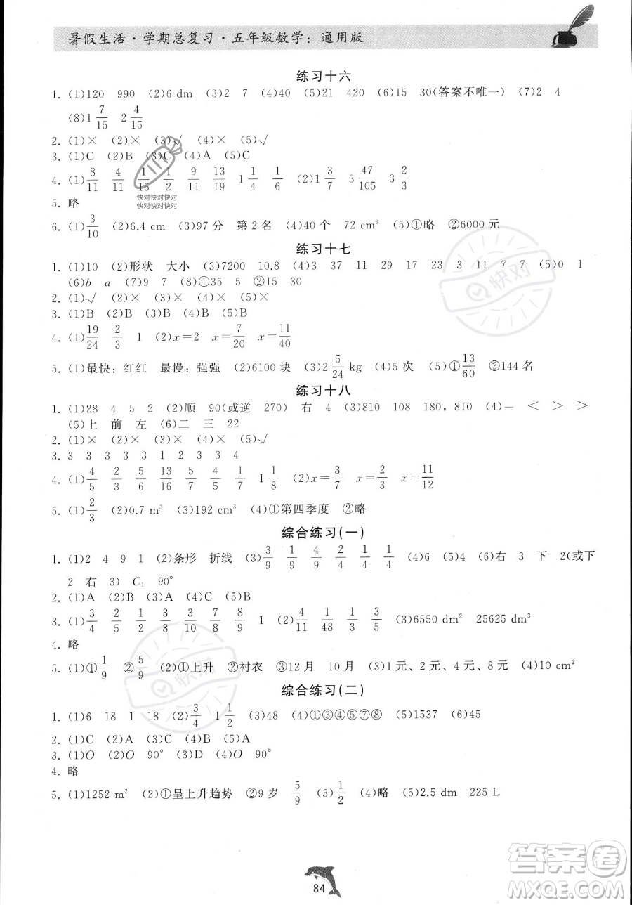 河北科學(xué)技術(shù)出版社2023暑假生活學(xué)期總復(fù)習(xí)五年級(jí)數(shù)學(xué)通用版答案