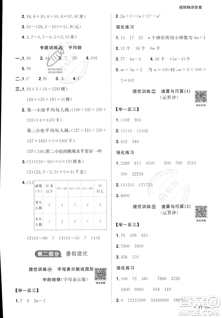 江蘇教育出版社2023年陽光同學(xué)暑假銜接4升5年級數(shù)學(xué)青島版答案