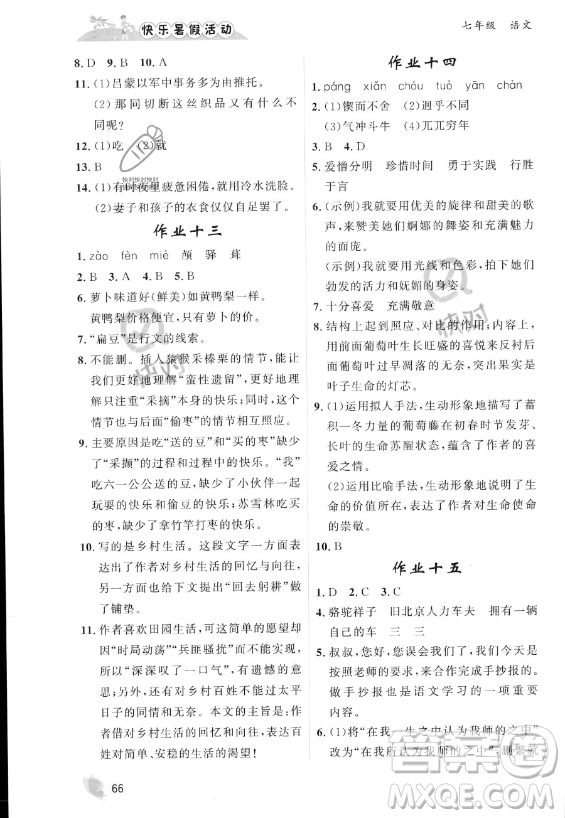 內(nèi)蒙古人民出版社2023年快樂暑假活動七年級語文通用版答案