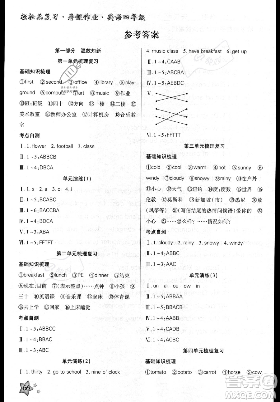 河北科學(xué)技術(shù)出版社2023年輕松總復(fù)習(xí)暑假作業(yè)四年級(jí)英語(yǔ)人教PEP版答案