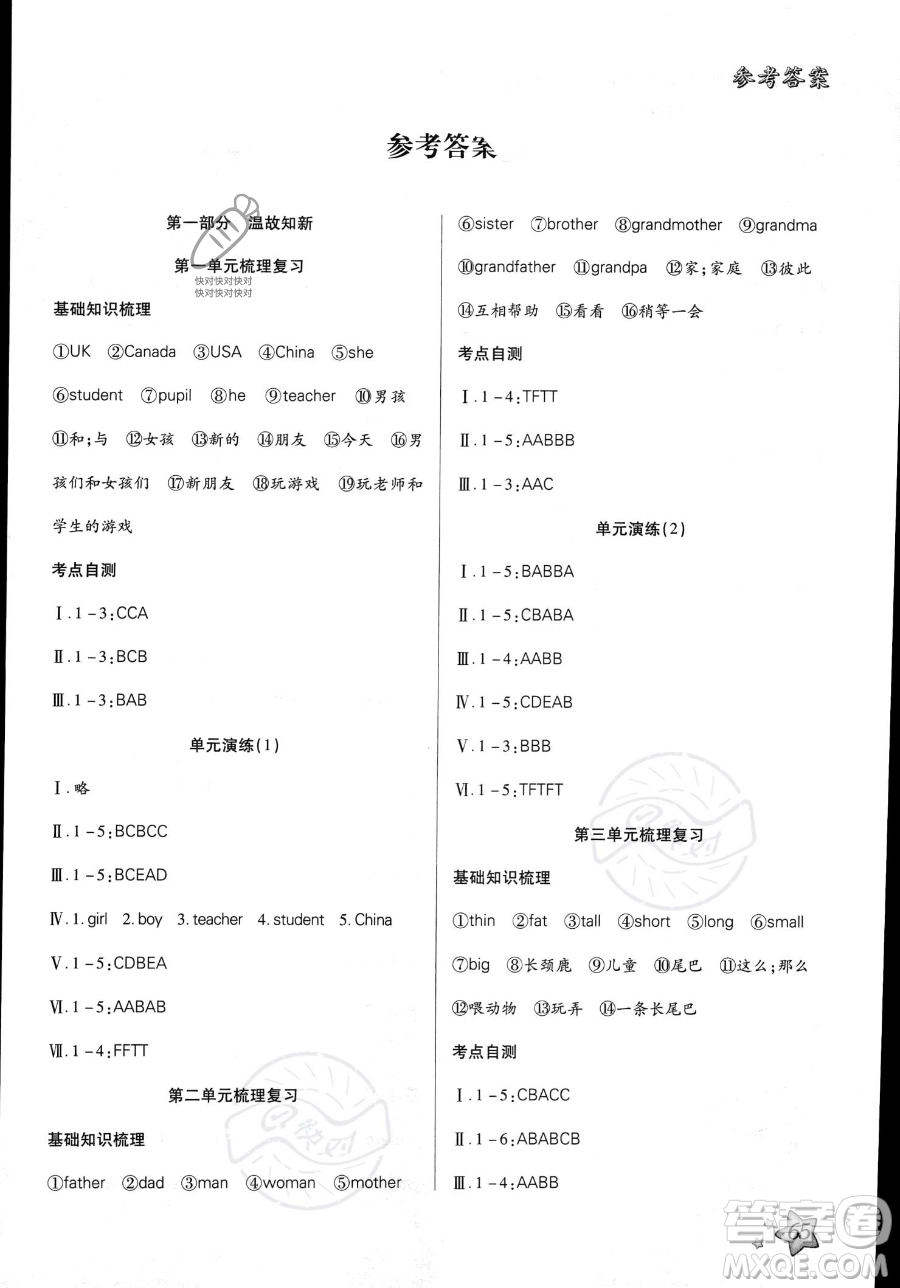 河北科學(xué)技術(shù)出版社2023年輕松總復(fù)習(xí)暑假作業(yè)三年級(jí)英語人教PEP版答案