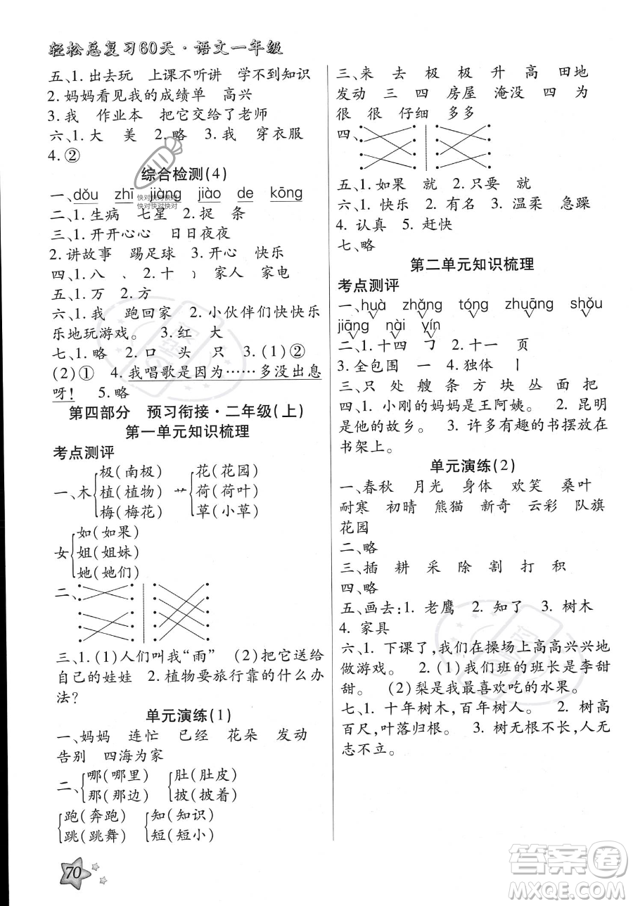 河北科學(xué)技術(shù)出版社2023年輕松總復(fù)習(xí)60天一年級(jí)語文通用版答案