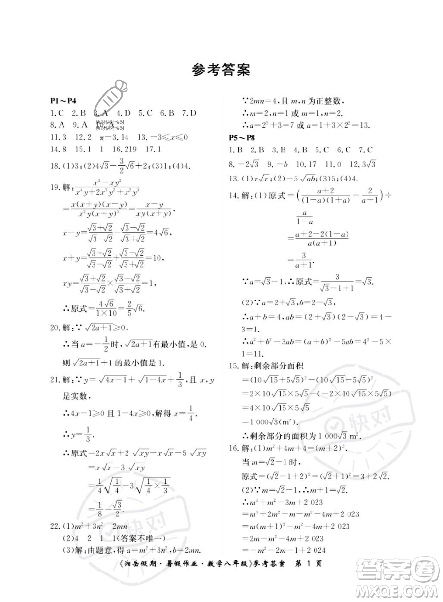 湖南大學出版社2023湘岳假期暑假作業(yè)八年級數(shù)學湘教版答案