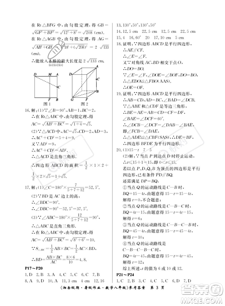 湖南大學出版社2023湘岳假期暑假作業(yè)八年級數(shù)學湘教版答案
