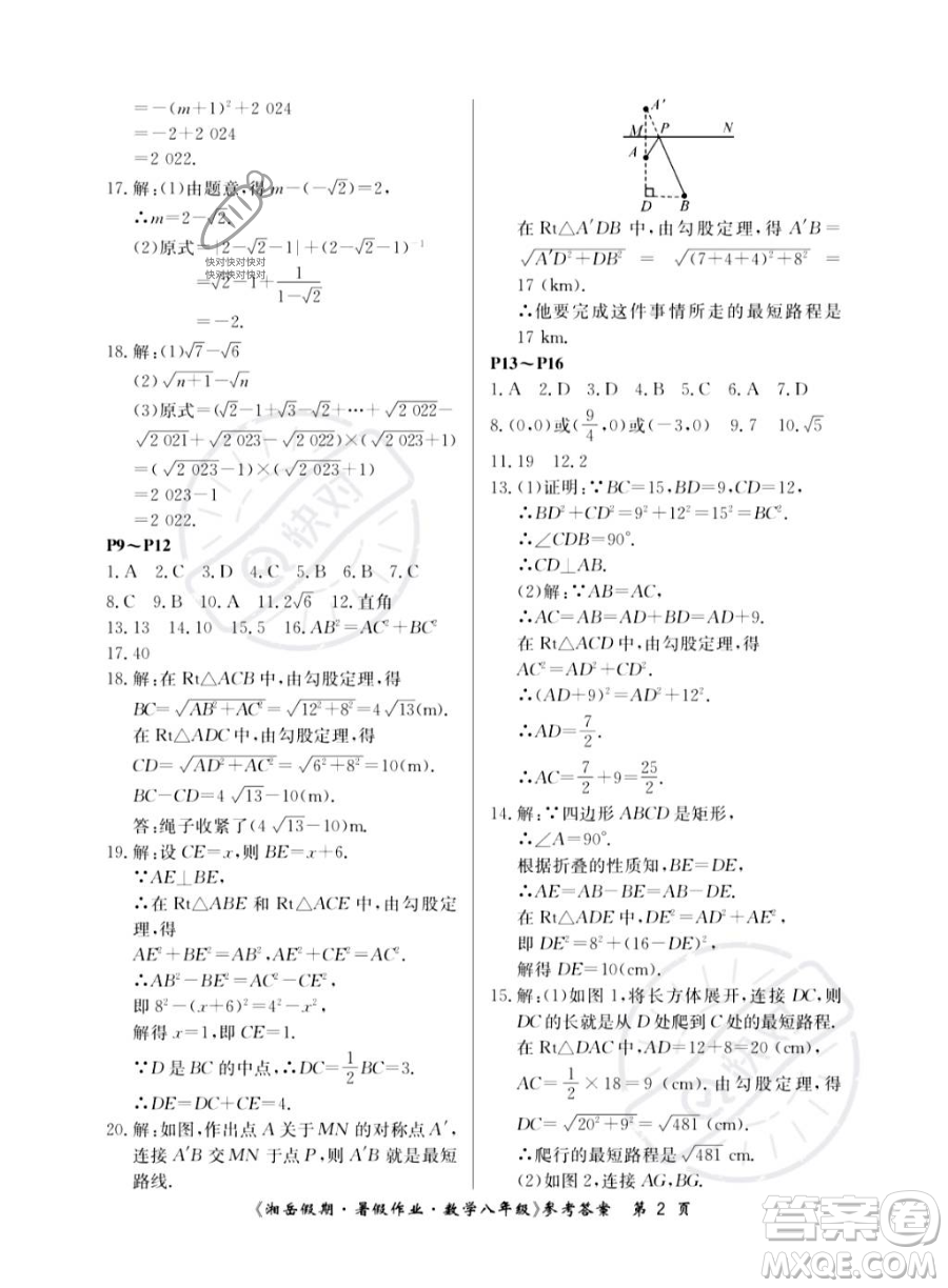 湖南大學出版社2023湘岳假期暑假作業(yè)八年級數(shù)學湘教版答案
