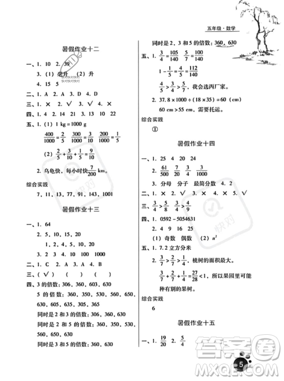 河北人民出版社2023年暑假生活五年級數(shù)學通用版答案
