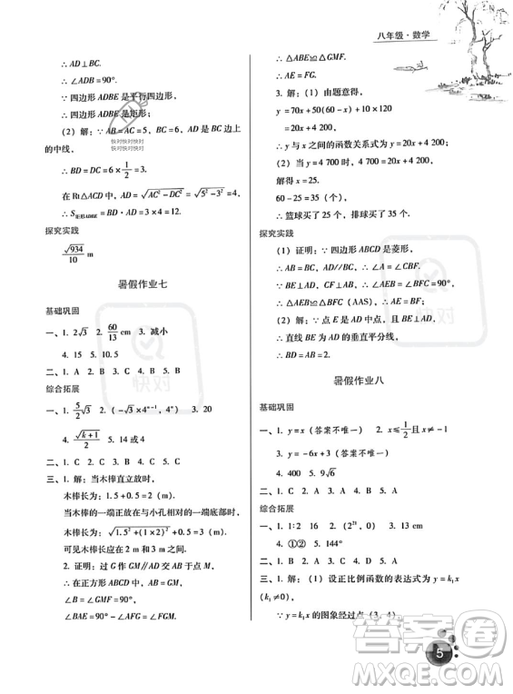 河北人民出版社2023年暑假生活八年級數(shù)學(xué)通用版答案