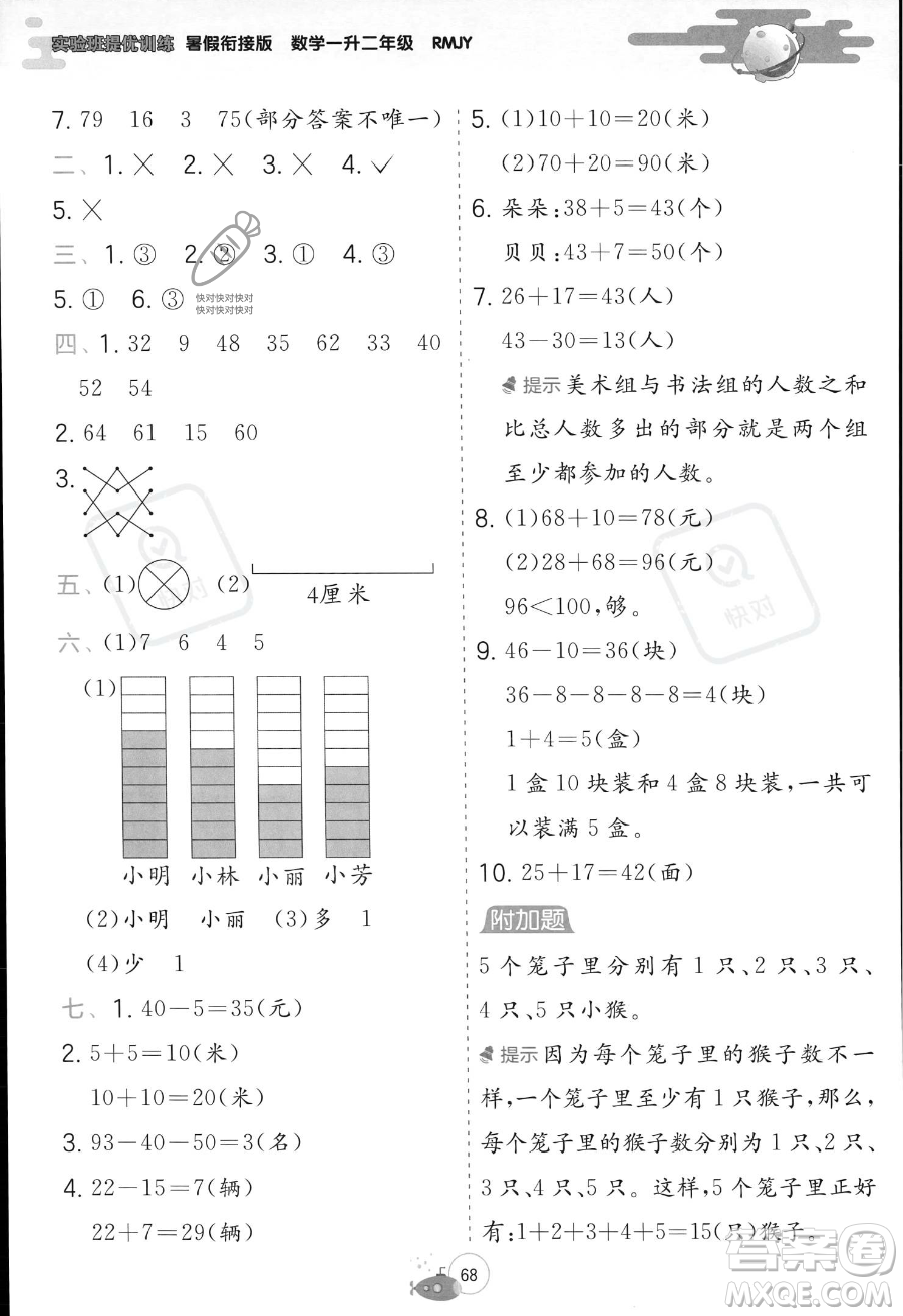 江蘇人民出版社2023年實驗班提優(yōu)訓(xùn)練暑假銜接一升二年級數(shù)學(xué)人教版答案