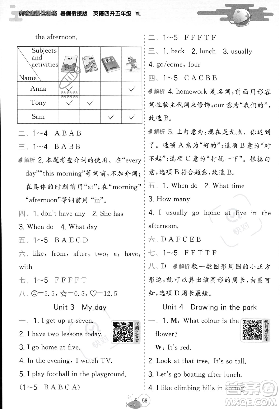 江蘇人民出版社2023年實驗班提優(yōu)訓練暑假銜接四升五年級英語譯林版答案