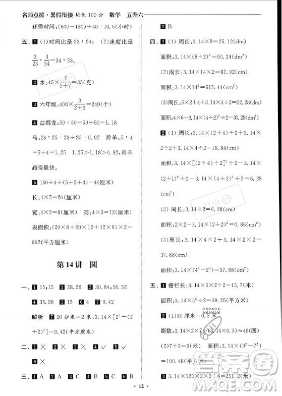 江蘇鳳凰美術(shù)出版社2023年名師點(diǎn)撥暑假銜接培優(yōu)100分五升六年級(jí)數(shù)學(xué)通用版答案