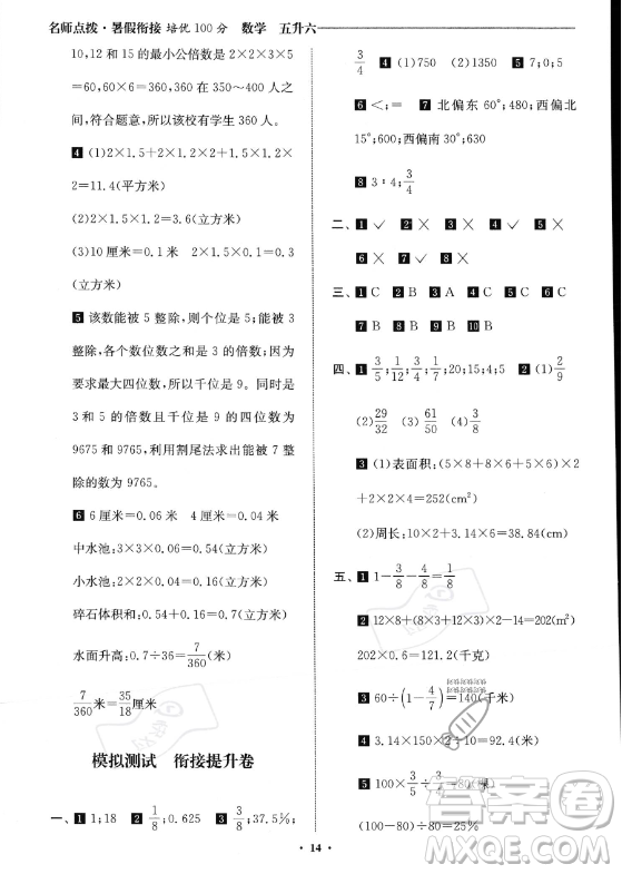 江蘇鳳凰美術(shù)出版社2023年名師點(diǎn)撥暑假銜接培優(yōu)100分五升六年級(jí)數(shù)學(xué)通用版答案