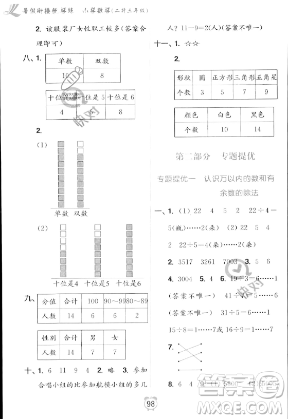 江蘇鳳凰美術(shù)出版社2023年超能學(xué)典暑假銜接優(yōu)學(xué)練二升三年級數(shù)學(xué)江蘇版答案