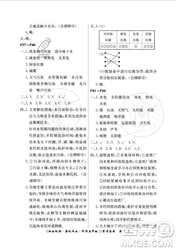 湖南大學(xué)出版社2023年湘岳假期暑假作業(yè)五年級科學(xué)教科版答案