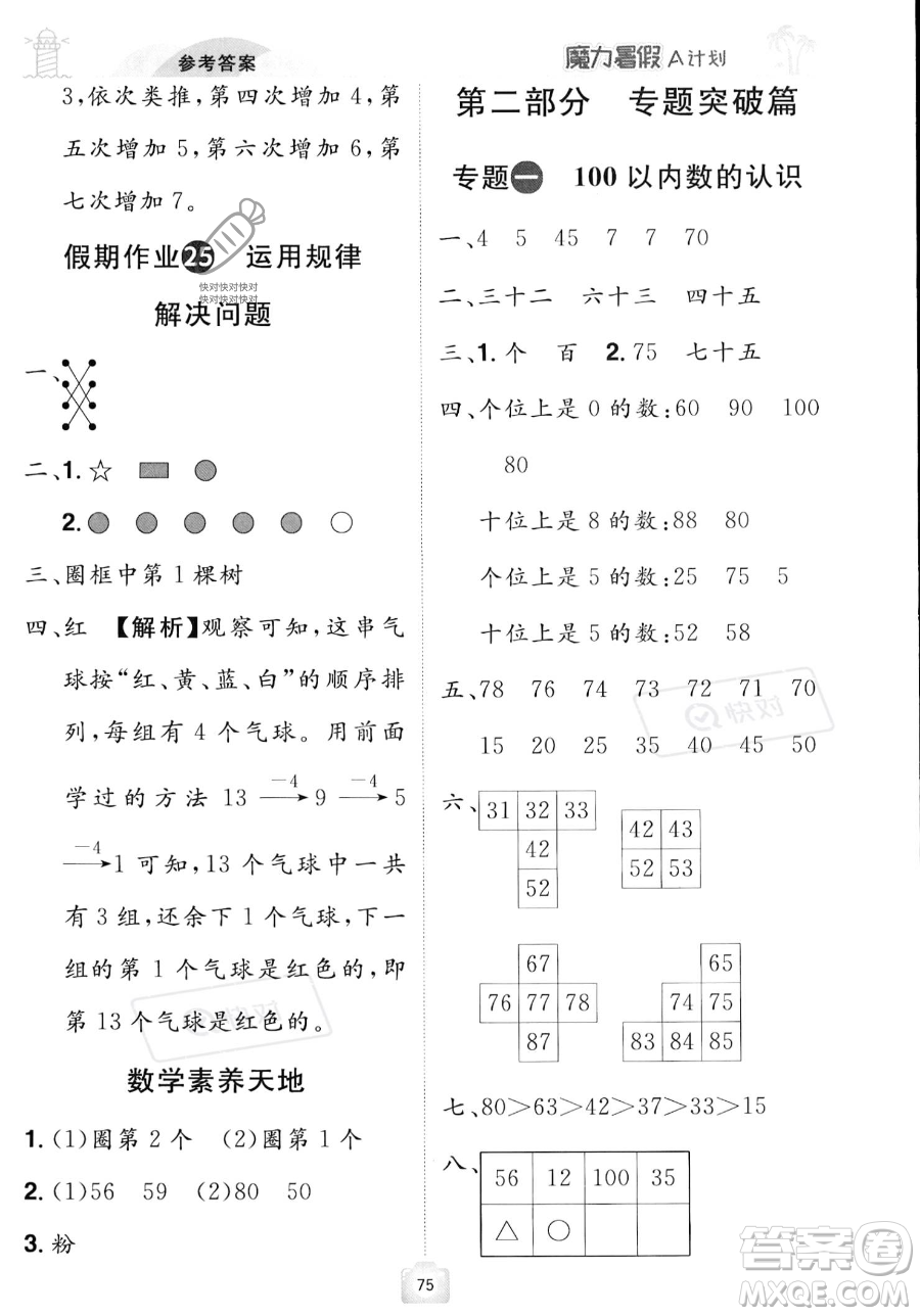 江西美術(shù)出版社2023年魔力暑假A計(jì)劃一年級(jí)數(shù)學(xué)人教版答案