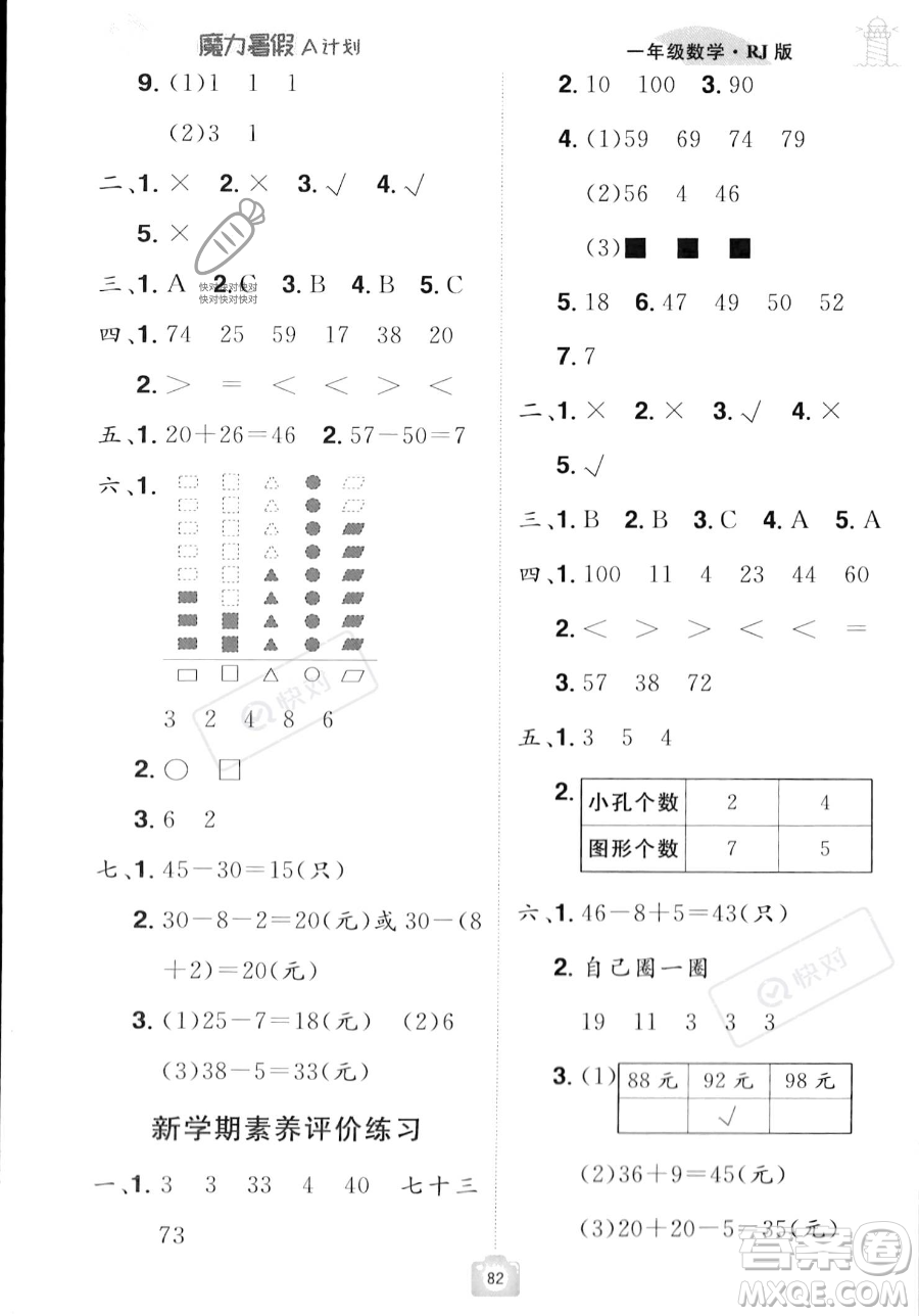 江西美術(shù)出版社2023年魔力暑假A計(jì)劃一年級(jí)數(shù)學(xué)人教版答案