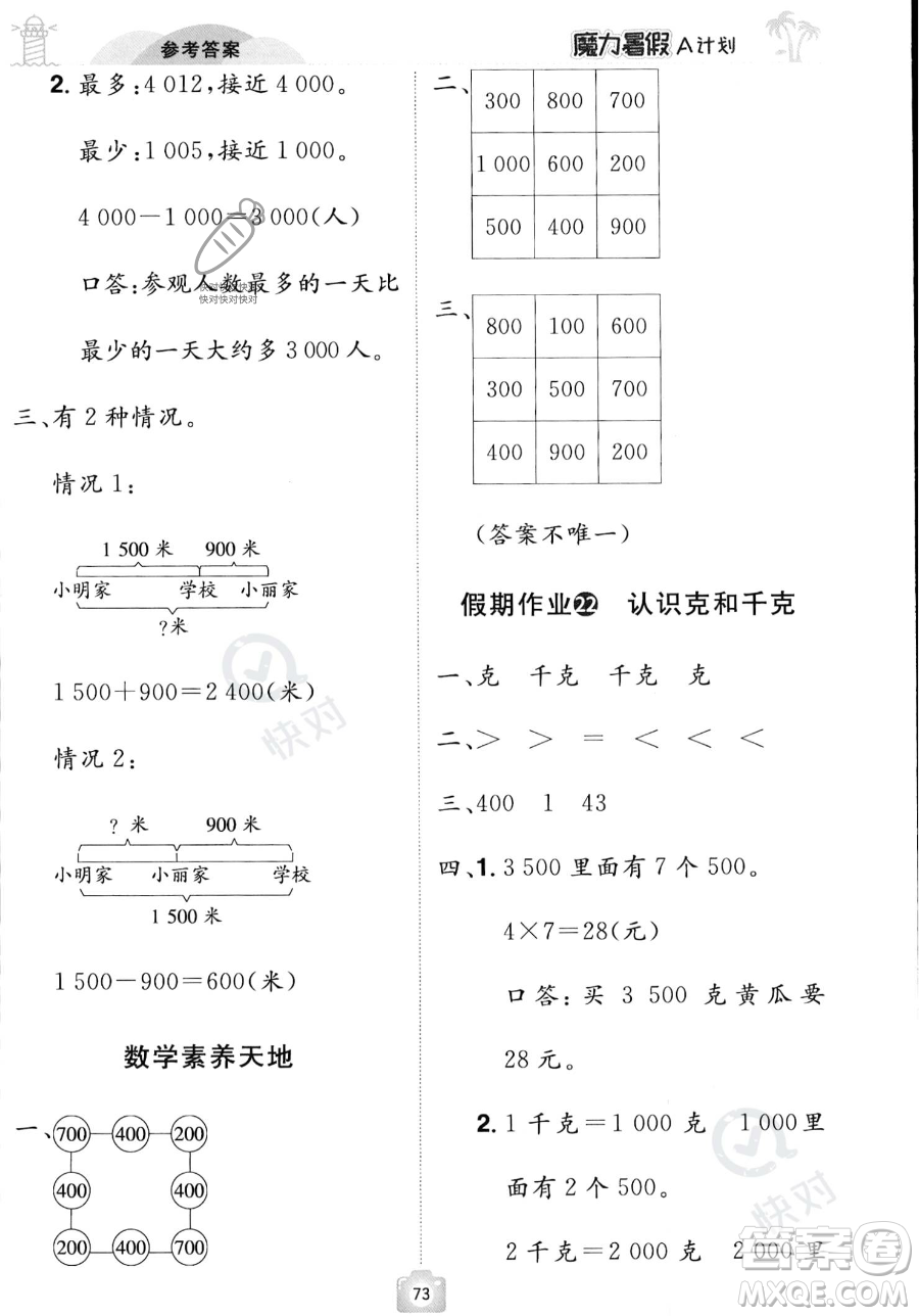 江西美術(shù)出版社2023年魔力暑假A計劃二年級數(shù)學(xué)人教版答案