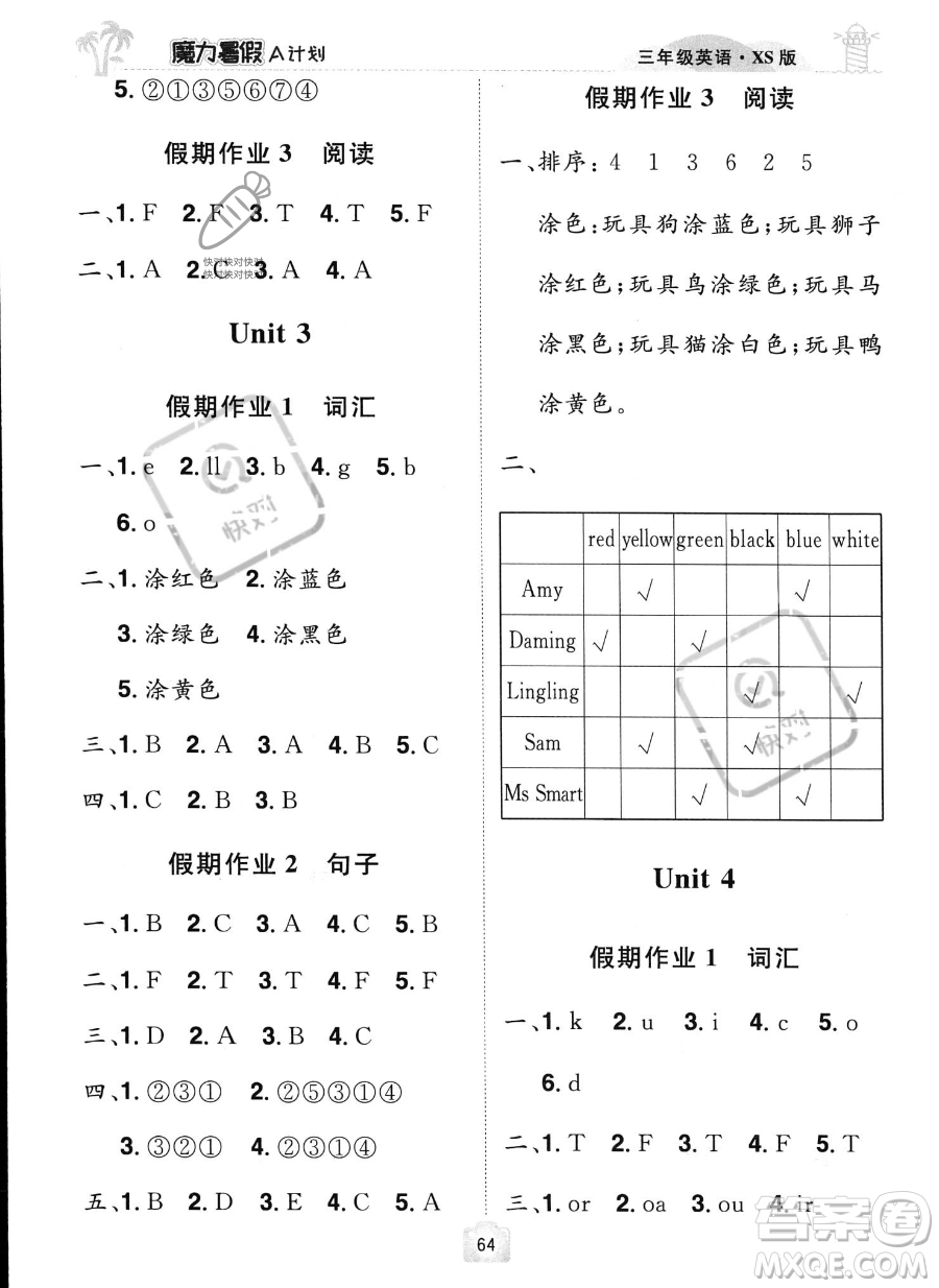 江西美術出版社2023年魔力暑假A計劃三年級英語西師大版答案