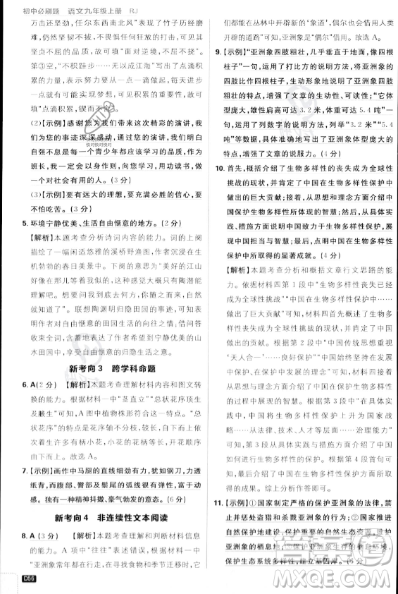 開明出版社2024屆初中必刷題九年級上冊語文人教版答案