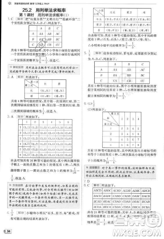 江蘇人民出版社2023實(shí)驗(yàn)班提優(yōu)訓(xùn)練九年級上冊數(shù)學(xué)人教版答案