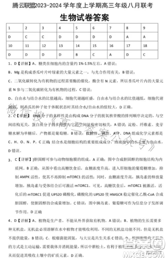 騰云聯(lián)盟2023-2024學(xué)年度上學(xué)期高三年級八月聯(lián)考生物試卷答案