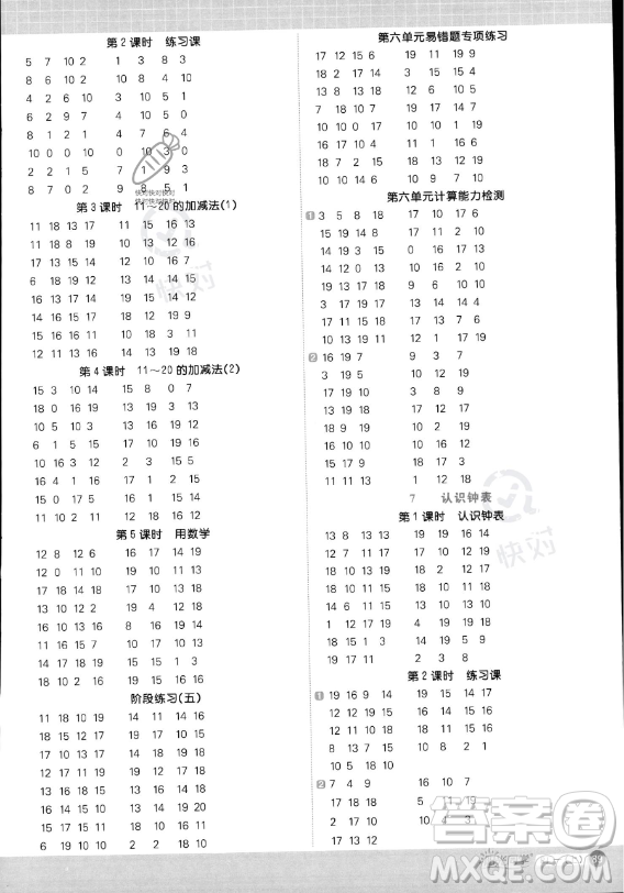 江西教育出版社2023陽光同學計算小達人一年級上冊數學人教版答案