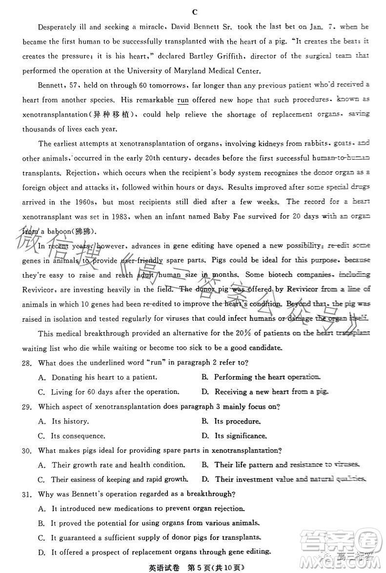 湖北省高中名校聯(lián)盟2024屆高三第一次聯(lián)合測評英語試卷答案