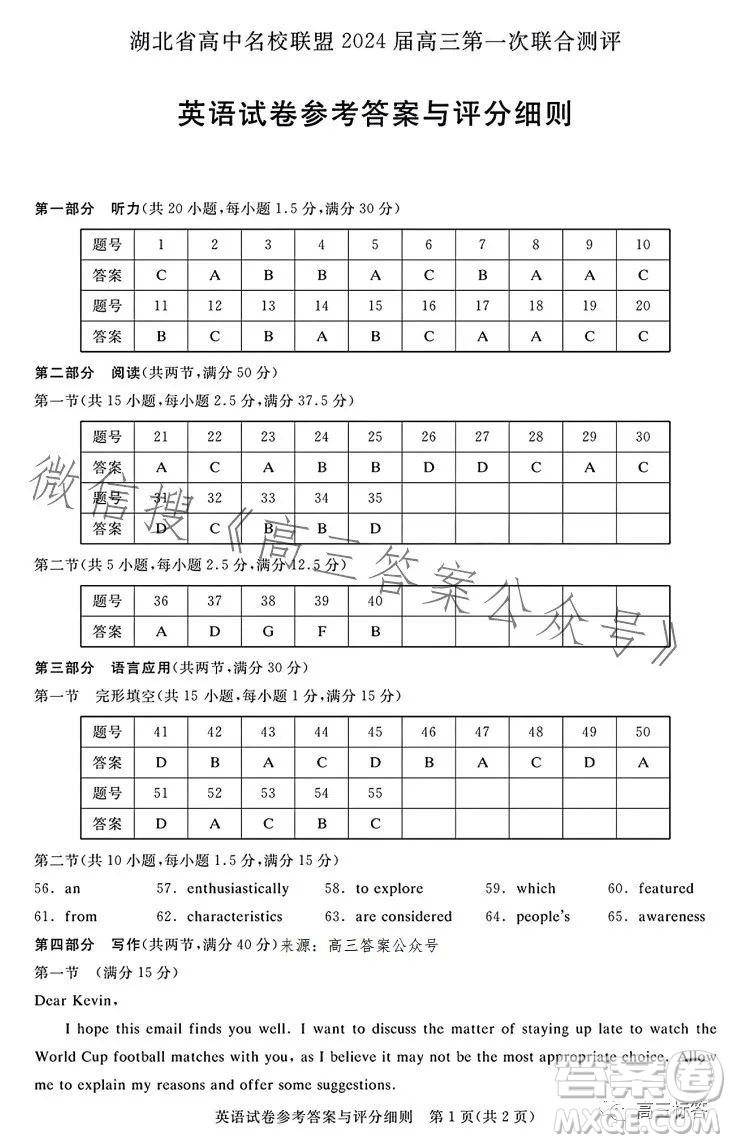 湖北省高中名校聯(lián)盟2024屆高三第一次聯(lián)合測評英語試卷答案