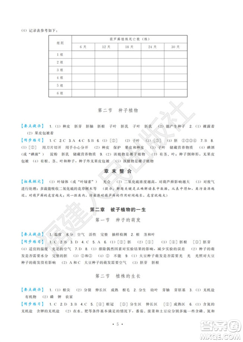 福建人民出版社2023年秋季頂尖課課練七年級生物上冊人教版參考答案