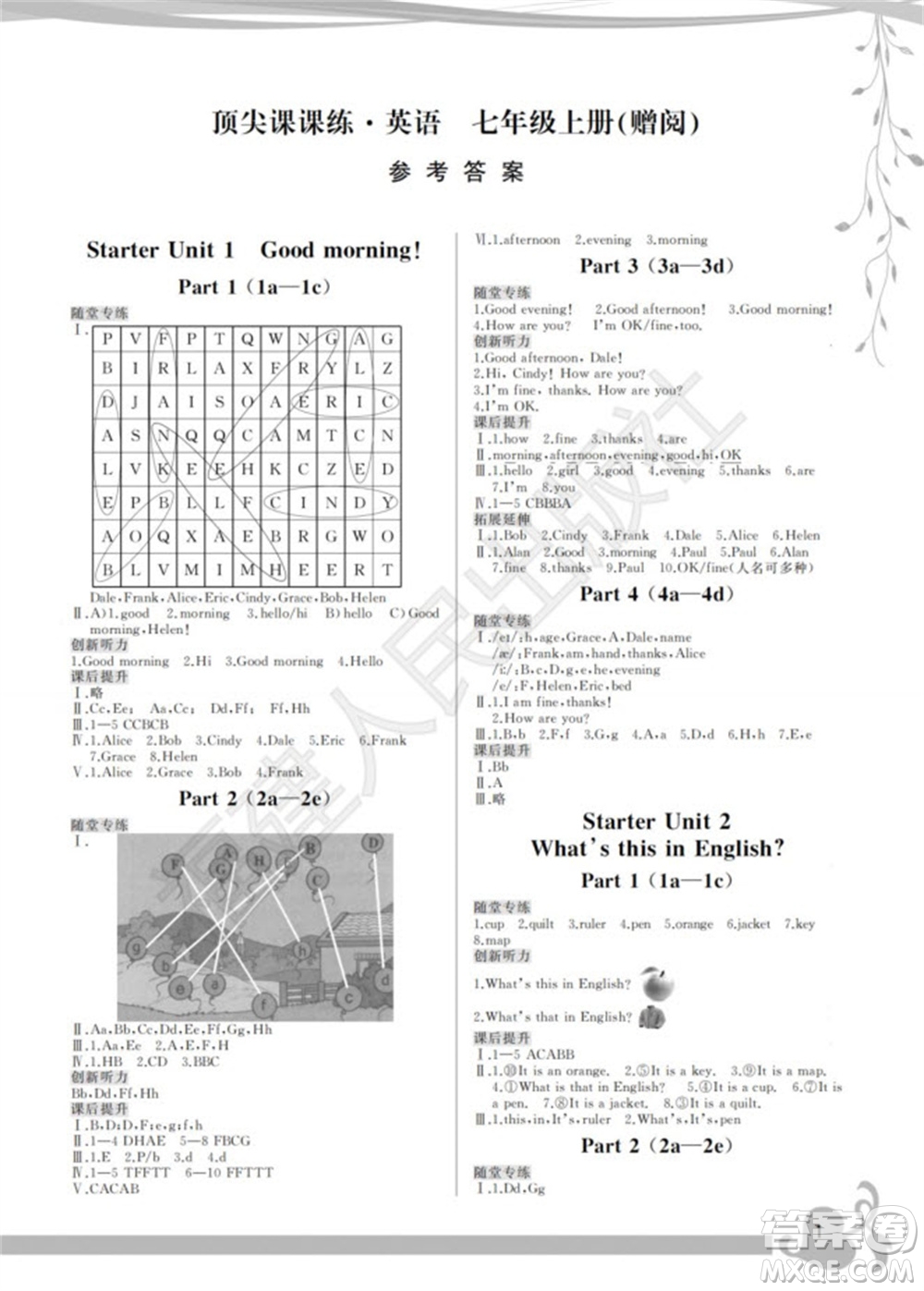福建人民出版社2023年秋季頂尖課課練七年級英語上冊人教版參考答案