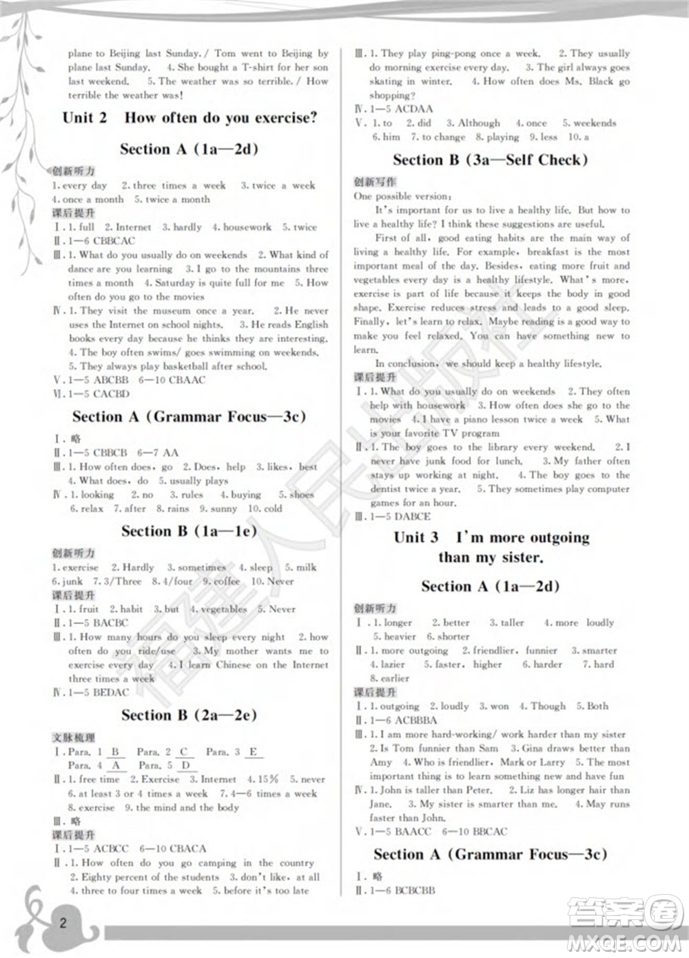 福建人民出版社2023年秋季頂尖課課練八年級(jí)英語上冊(cè)人教版參考答案