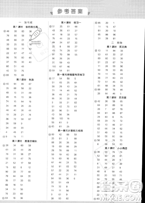 江西教育出版社2023年秋季陽(yáng)光同學(xué)計(jì)算小達(dá)人二年級(jí)上冊(cè)數(shù)學(xué)北師大版答案