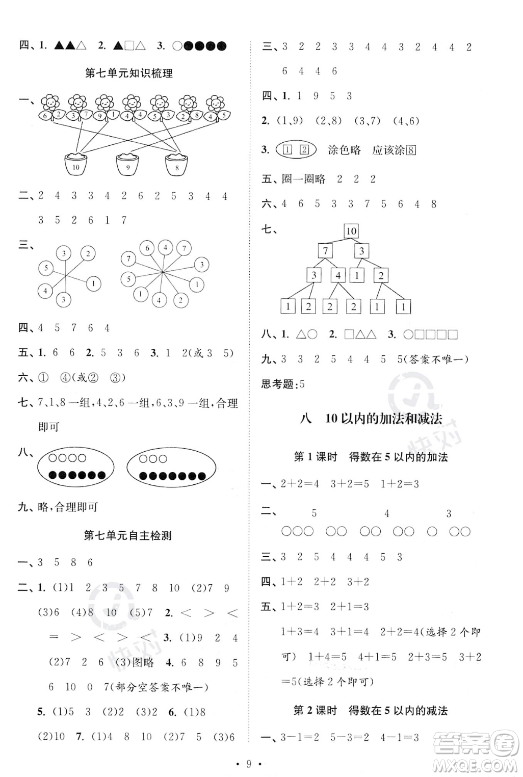 江蘇鳳凰美術出版社2023年秋季創(chuàng)新課時作業(yè)本一年級上冊數(shù)學江蘇版答案