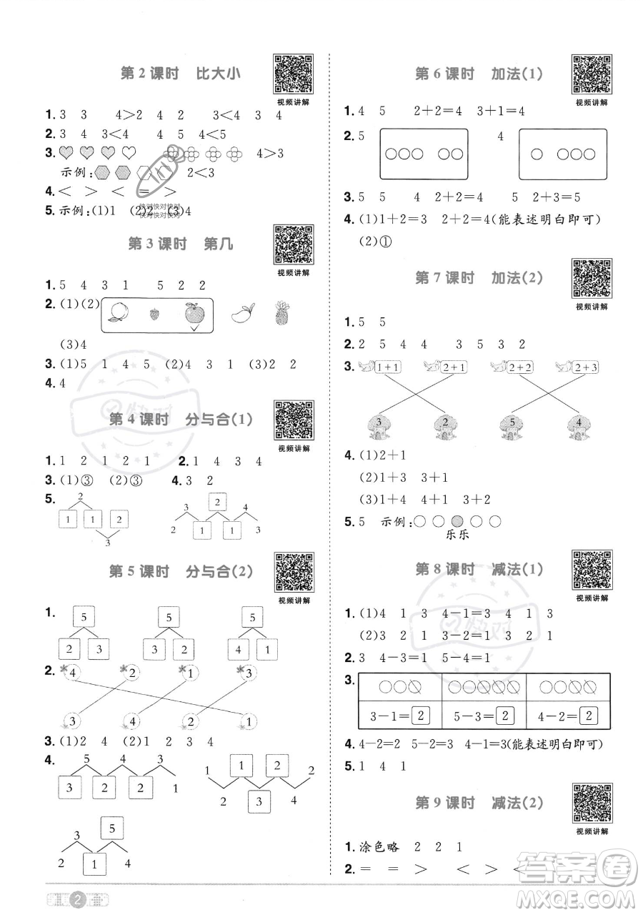 江西教育出版社2023年秋季陽光同學課時優(yōu)化作業(yè)一年級上冊數(shù)學人教版答案