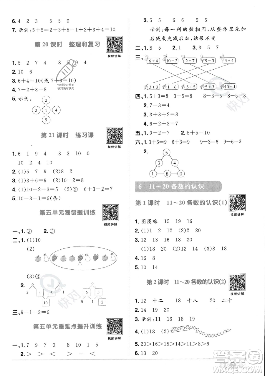 江西教育出版社2023年秋季陽光同學課時優(yōu)化作業(yè)一年級上冊數(shù)學人教版答案