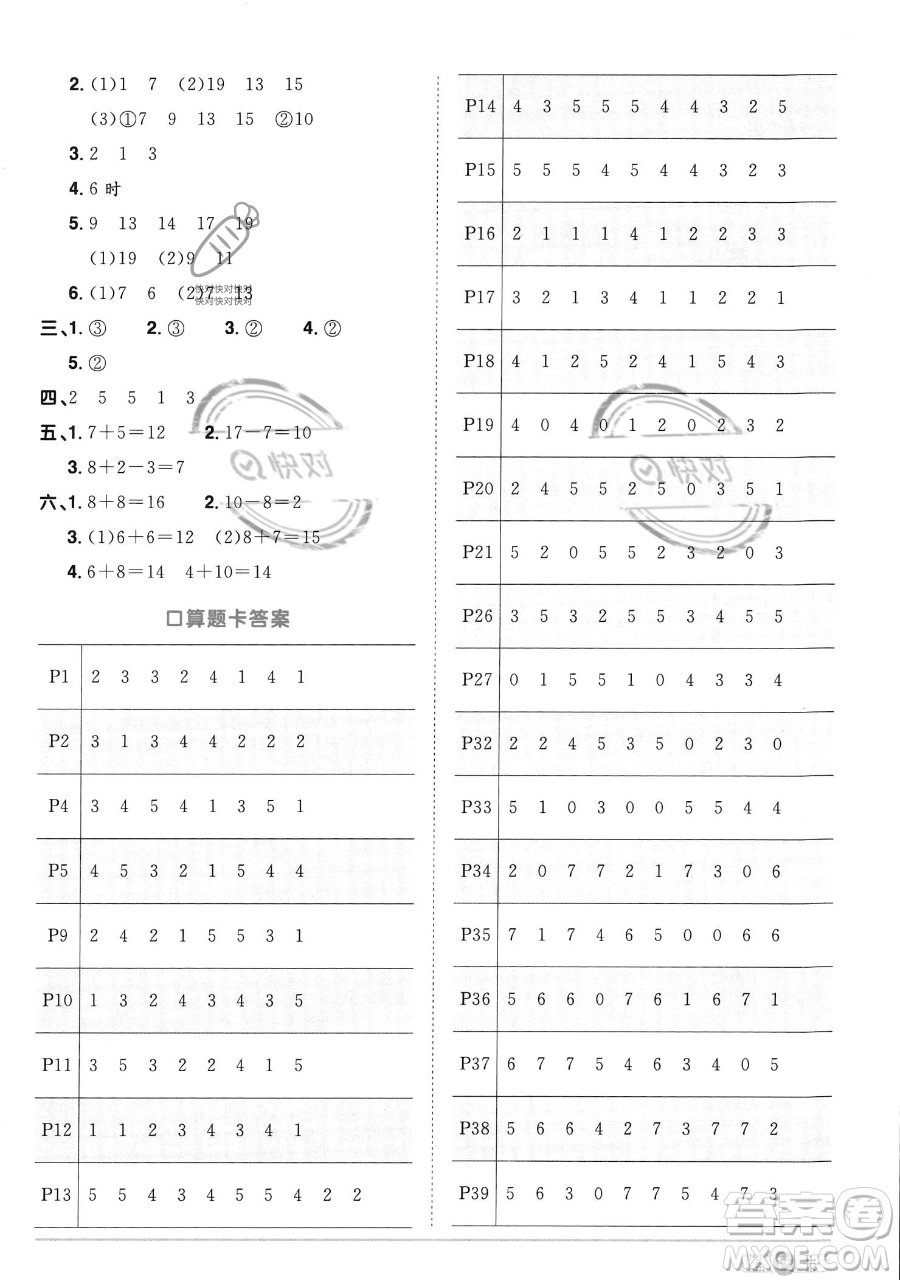 江西教育出版社2023年秋季陽光同學課時優(yōu)化作業(yè)一年級上冊數(shù)學人教版答案