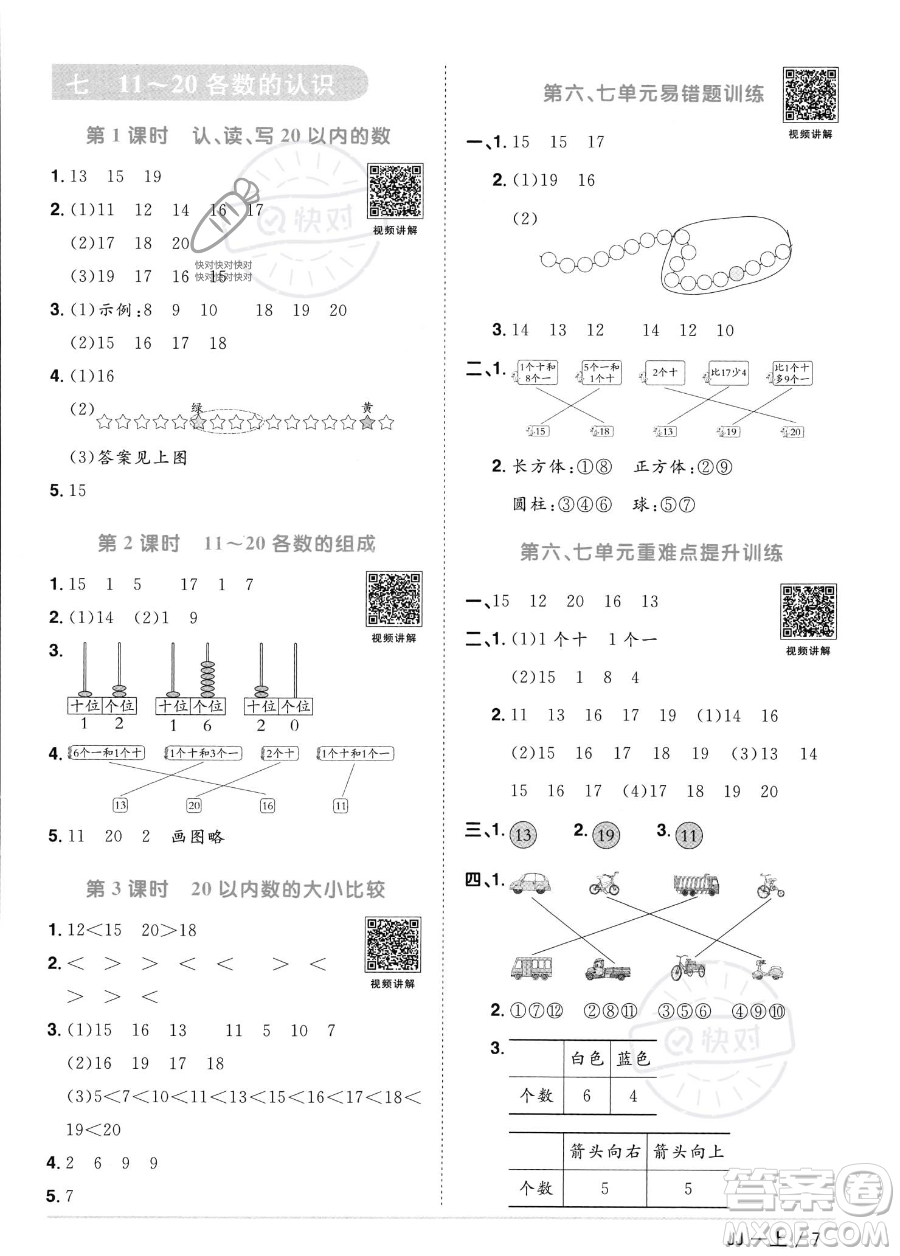 江西教育出版社2023年秋季陽光同學課時優(yōu)化作業(yè)一年級上冊數(shù)學冀教版答案