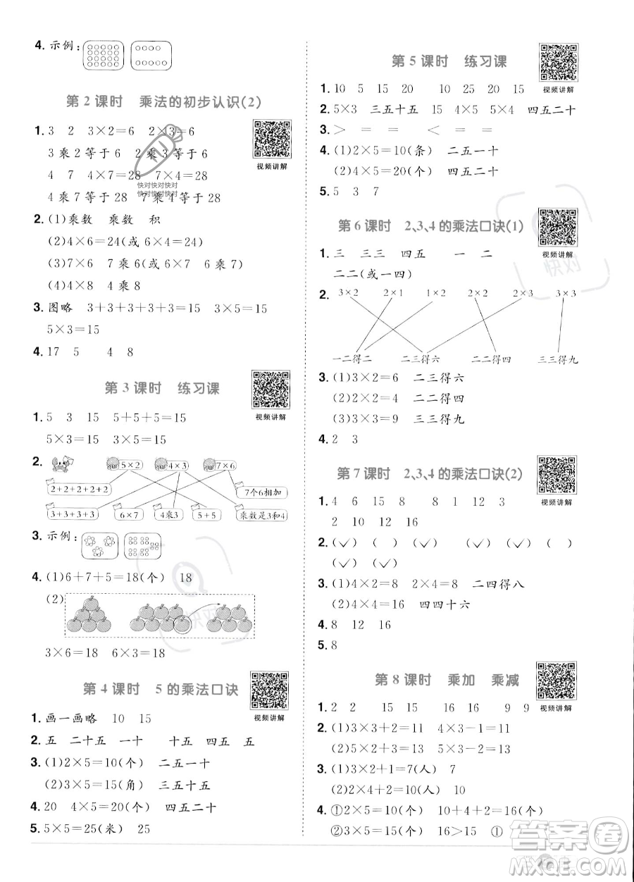 江西教育出版社2023年秋季陽光同學(xué)課時優(yōu)化作業(yè)二年級上冊數(shù)學(xué)人教版答案