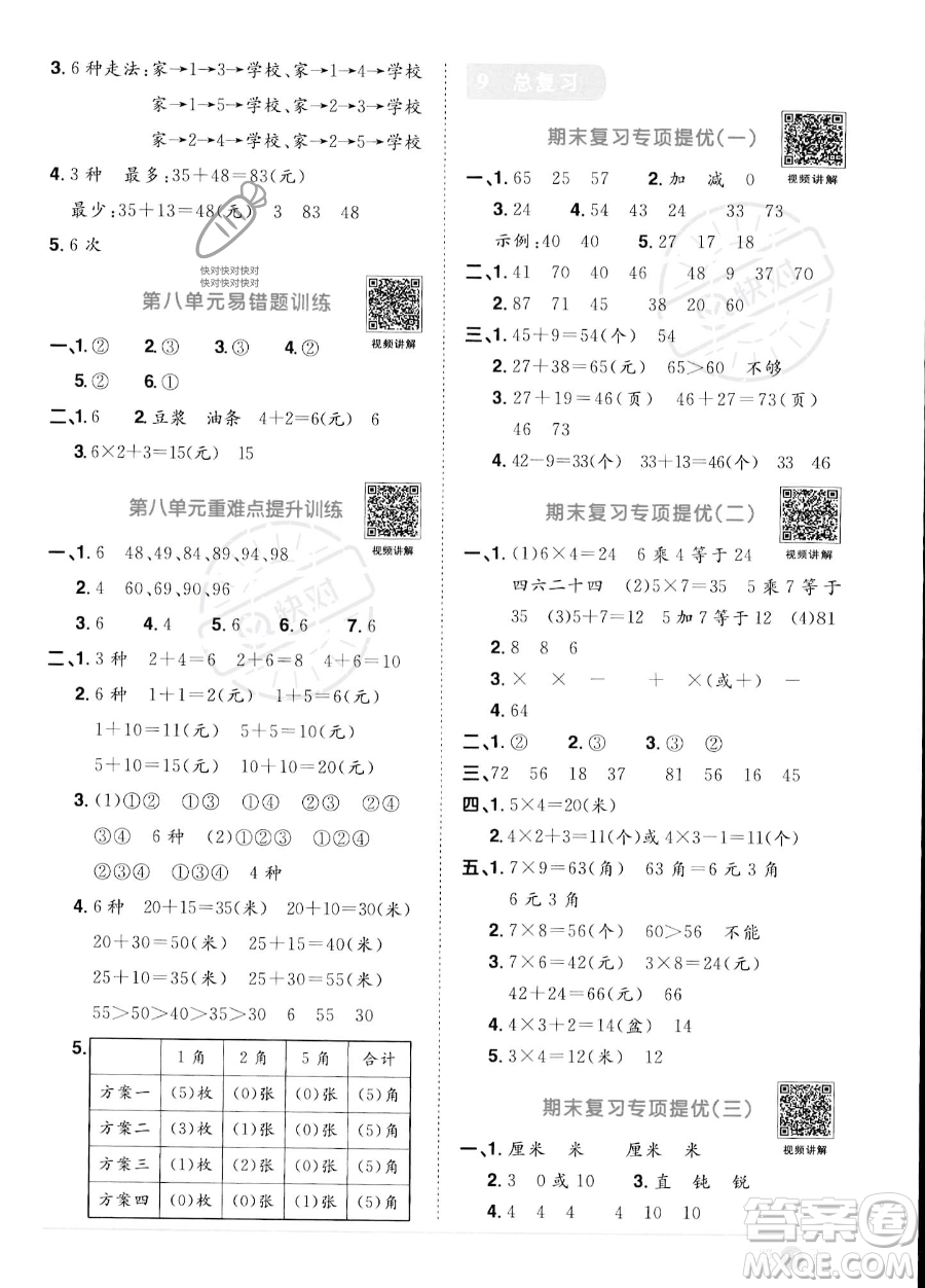 江西教育出版社2023年秋季陽光同學(xué)課時優(yōu)化作業(yè)二年級上冊數(shù)學(xué)人教版答案