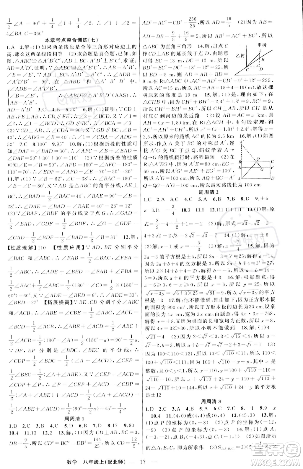 新疆青少年出版社2023年秋季四清導(dǎo)航八年級上冊數(shù)學北師大版答案