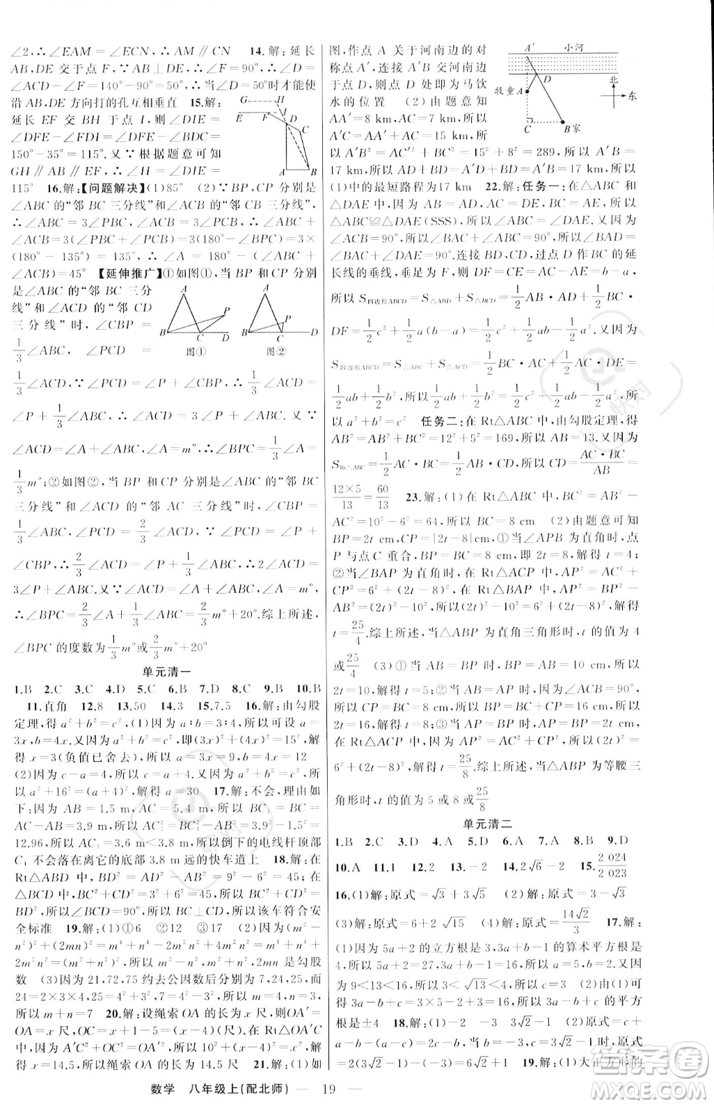 新疆青少年出版社2023年秋季四清導(dǎo)航八年級上冊數(shù)學北師大版答案