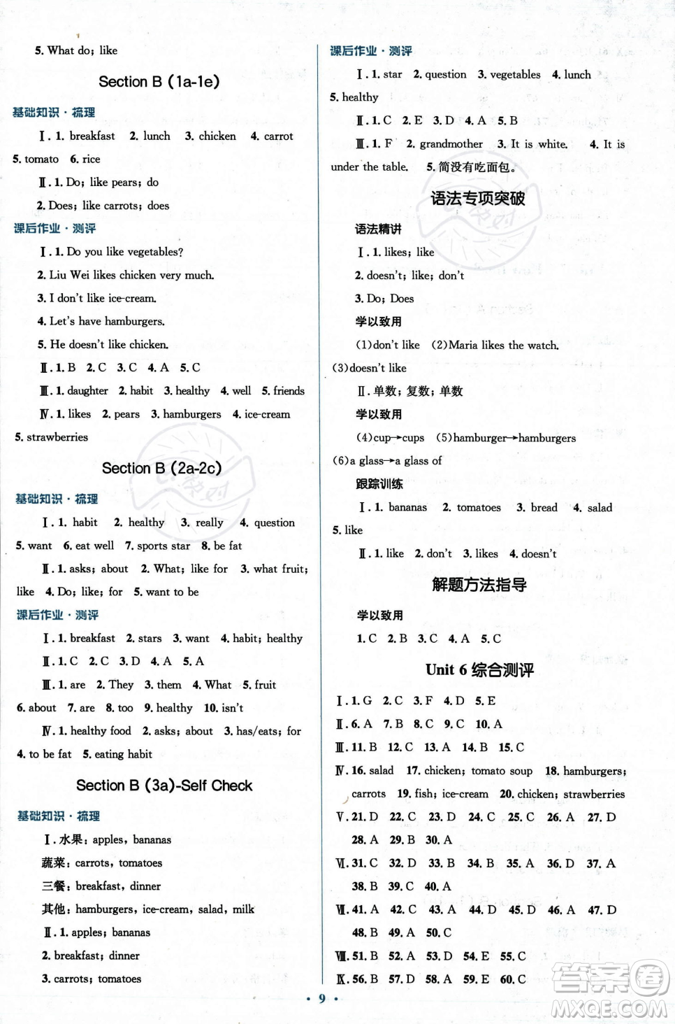 人民教育出版社2023年秋季人教金學(xué)典同步解析與測評七年級上冊英語人教版答案